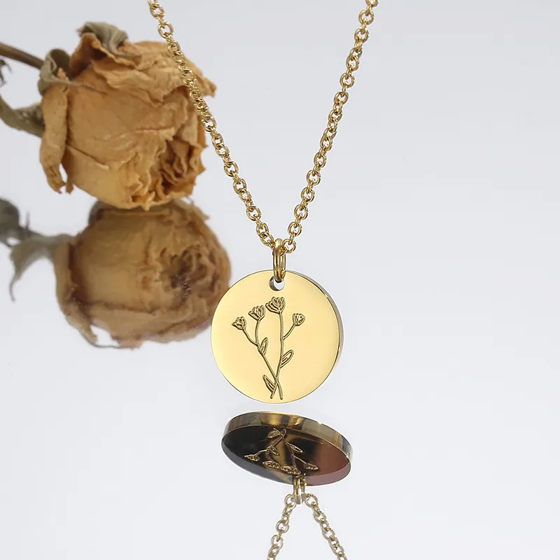 Stainless Steel Birth Flower Pendant Necklace for Mother's Day Gift