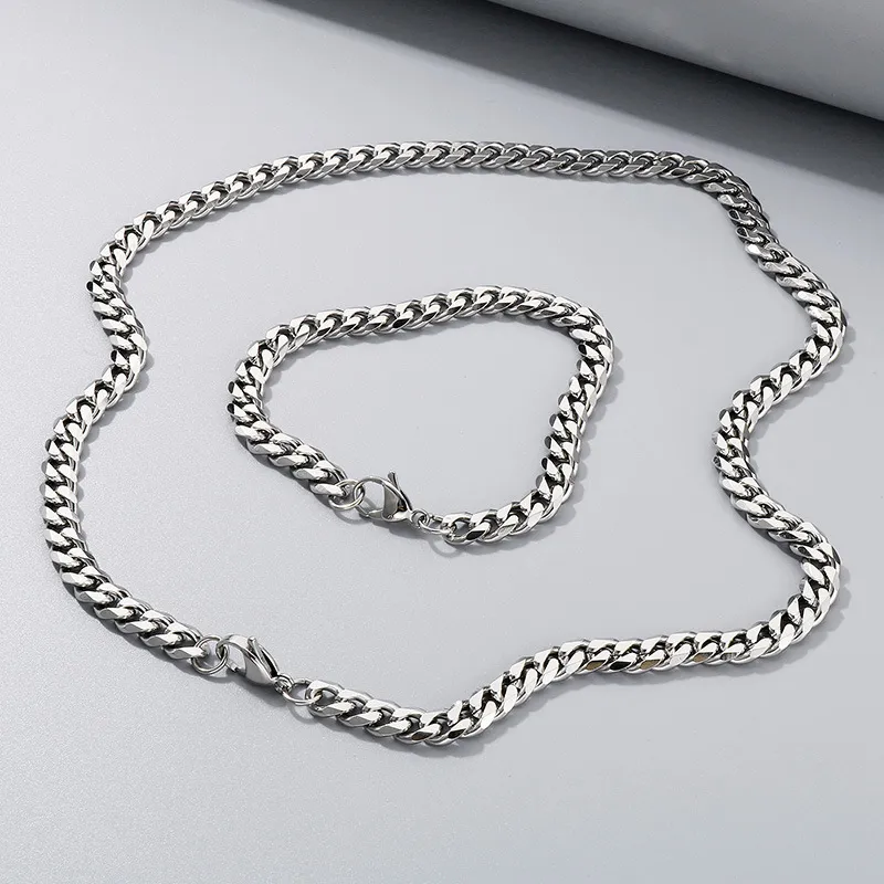 Trendy 6-Sided Polished Cuban Link Bracelet Necklace Multi-Size Stainless Steel Clavicle Chain Jewelry Set