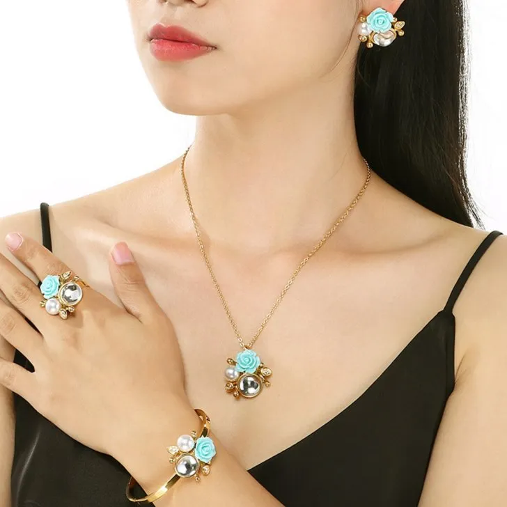 Luxurious Four-Piece Rings Bracelets Jewelry Set with Pearl and Rose Inlays