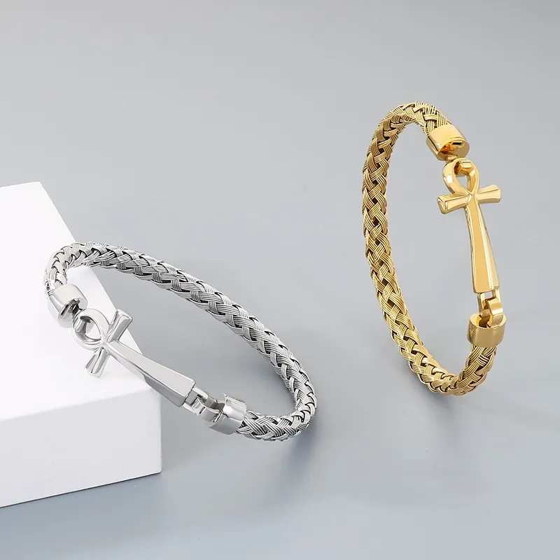Men's Trendy Stainless Steel Cross Accessories Steel Wire Braided Bangle Jewelry Wholesale