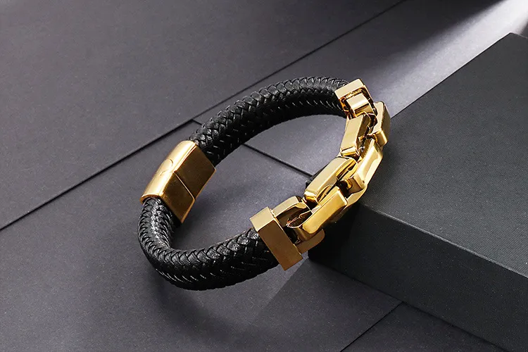 European and American Style Stainless Steel Chain Splicing Leather Jewelry Men's Bracelet