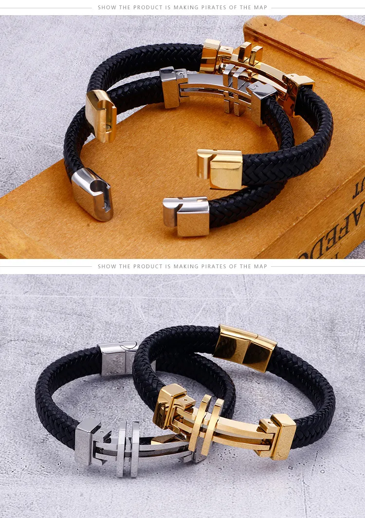 European and American Style Stainless Steel Cross Bracelet Woven Men's Leather Jewelry