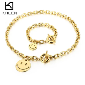 Stainless Steel Exaggerated Personality Creative Smiling Face Ot Buckle Bracelet Necklace Set for Women's Jewelry