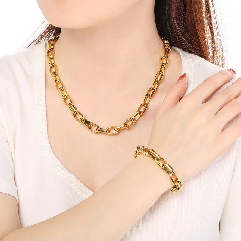 Stainless Steel Fashion Simple Square Chain Trapezoidal Square Buckle Bracelet&Necklace Set