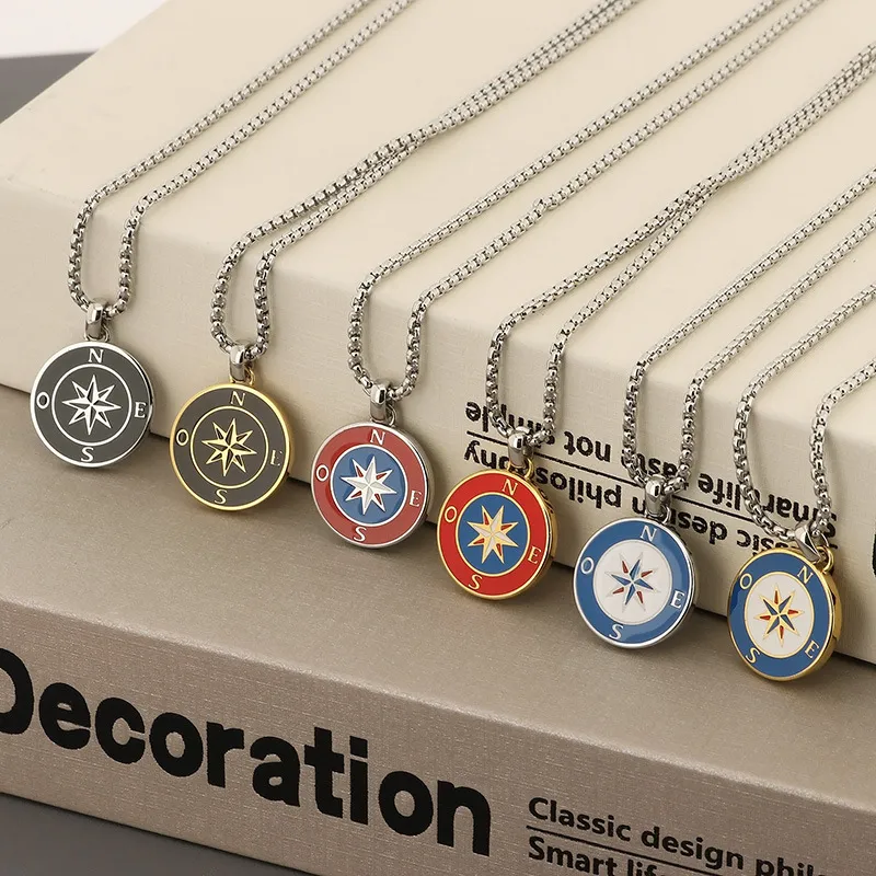 Couple Necklace, Stainless Steel Sailing Ship Anchor, Starry Sea Compass, Male Pendant, Personalized Niche Compass Design, Sweater Chain