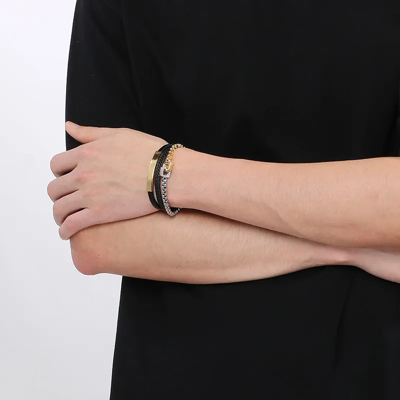 Stainless Steel Chain Leather Rope Woven Bracelet Multi-Layer Woven Leather Bracelet Popular Magnetic Buckle Bracelet