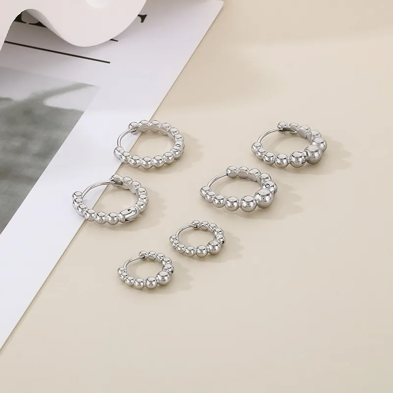 Fashionable and High-End Women's Jewelry Stainless Steel Creative Size Round Bead Circle Earrings