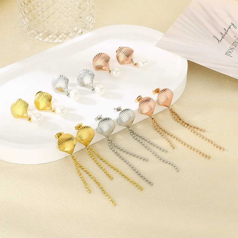 Ins Metal Shell Pearl Tassel Stainless Steel Earrings European Summer Vacation Jewelry Women