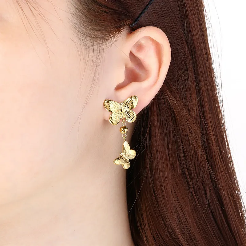 Luxury Double Layer Textured Butterfly Stainless Steel Earrings Unique Jewelry