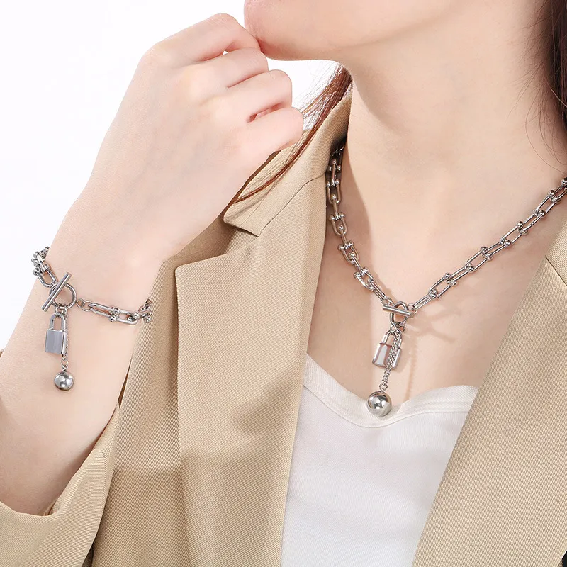 Hip-Hop Ball Padlock Gender-Neutral Sweater Chain Beaded Stainless Steel Jewelry Set Wholesale