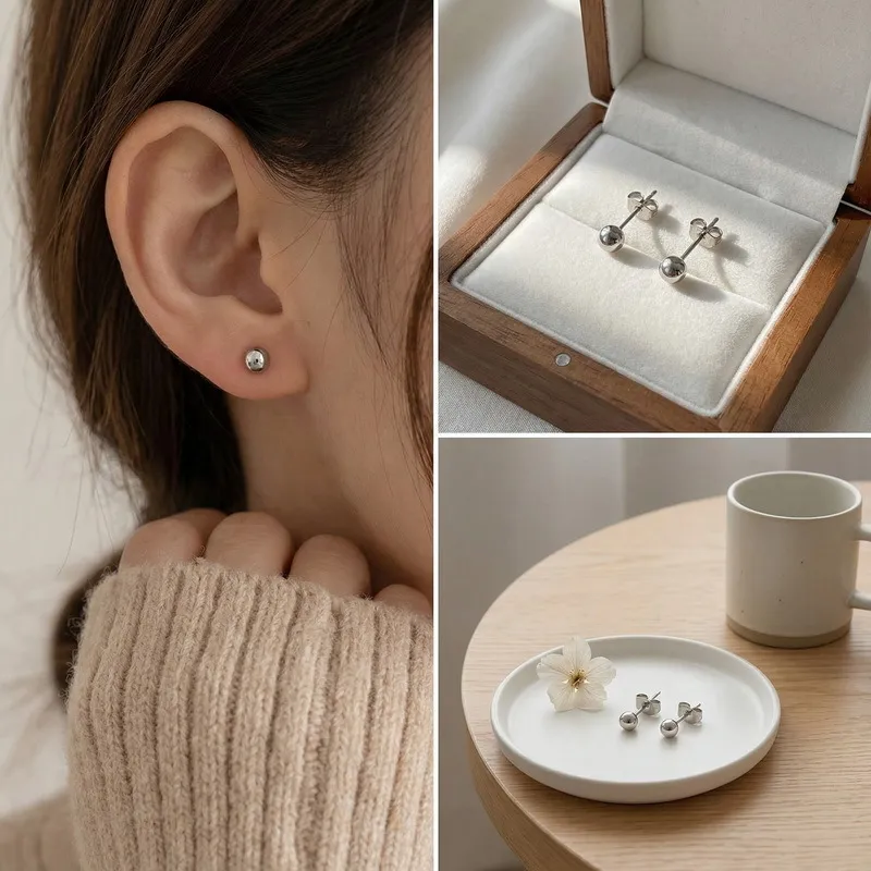 Round Beaded Stainless Steel Stud Earrings Available in Various Sizes and Colors