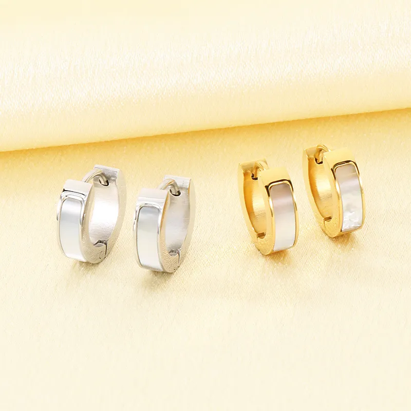 Korean Japanese Smooth Shell Inlaid Flat Stainless Steel Huggie Earrings Trendy Elegant Earrings Wholesale
