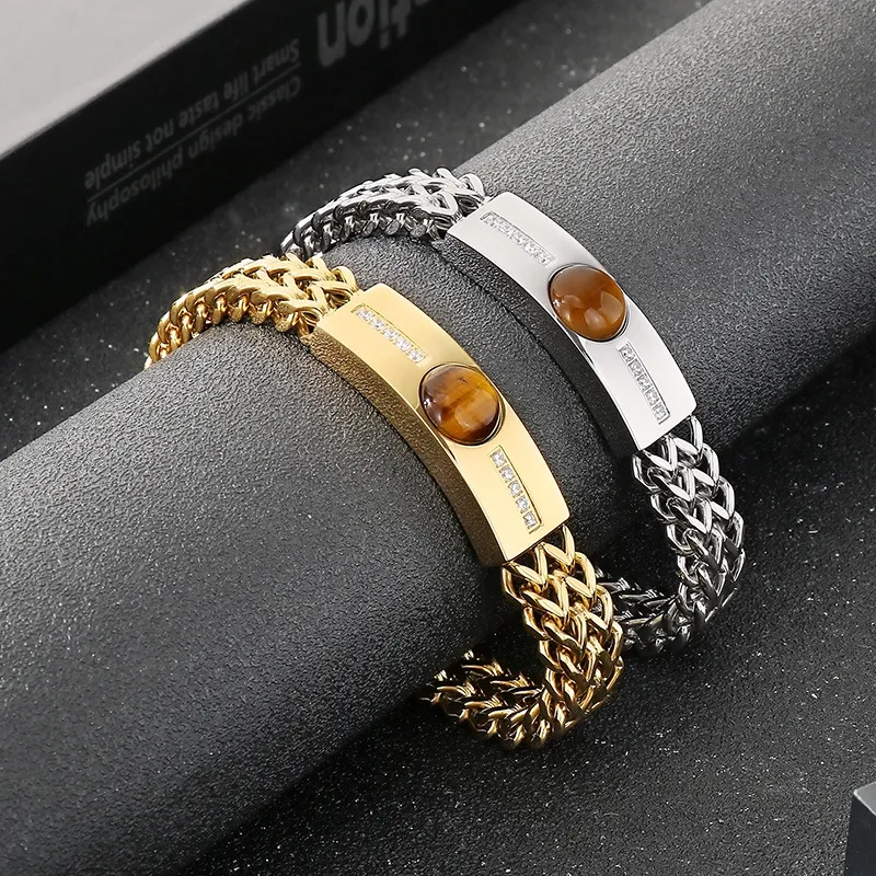Fashion Tiger Eye Stone Rhinestones Inlaid Mens Bracelets Stainless Steel Chain Bracelets