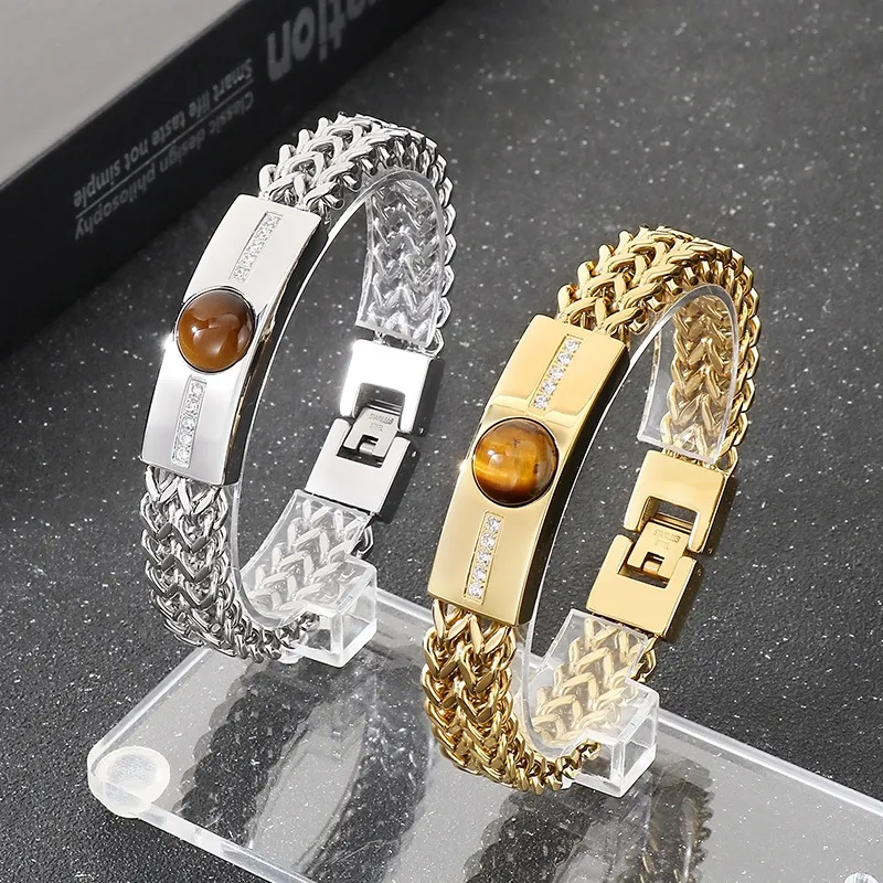 Fashion Tiger Eye Stone Rhinestones Inlaid Mens Bracelets Stainless Steel Chain Bracelets