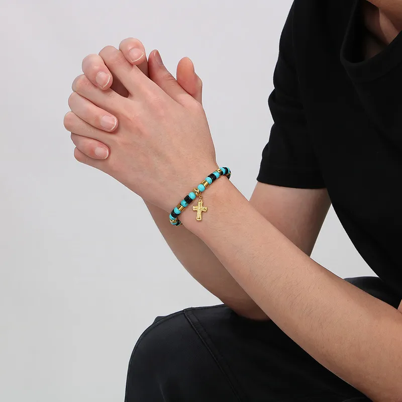 Bohemian Ins Style Colorful Turquoise Men's and Women's Bead Bracelets, Niche Design, Personalized Cross Titanium Steel Bracelet