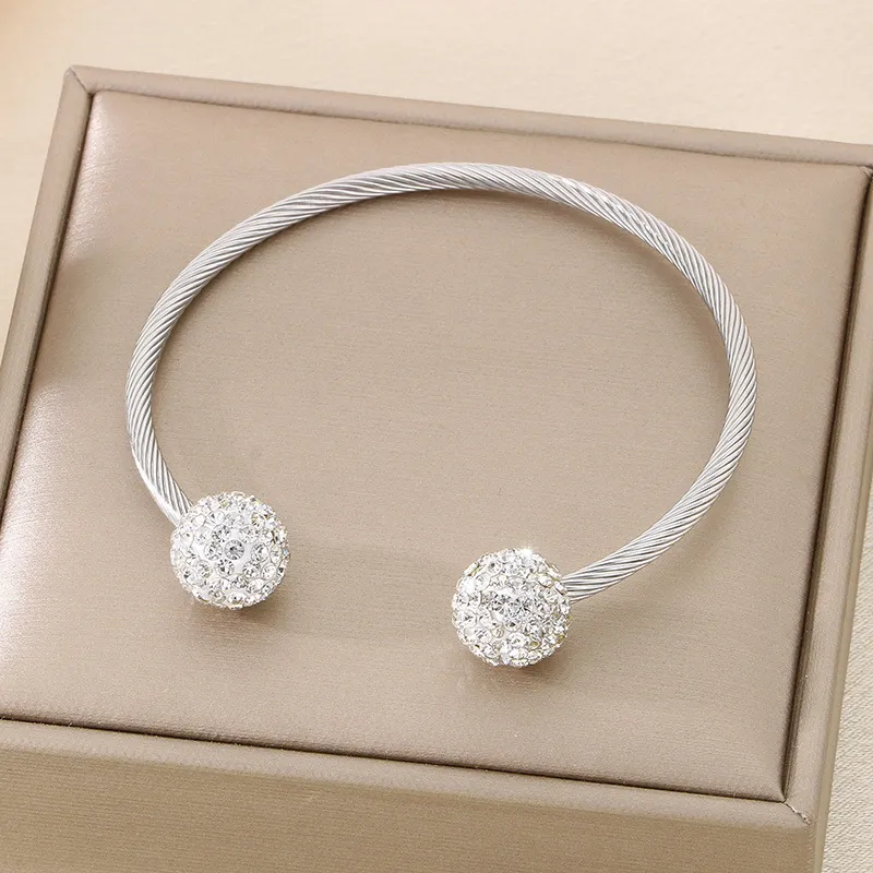 Fashion Round White Clay Full Rhinestone Open Wire Woven Stainless Steel Bangle