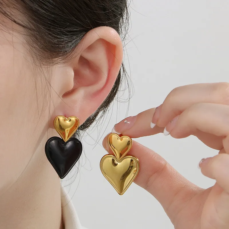 European American Ins Earrings Two-Tone Gold Silver Heart Stainless Steel Stud Earrings