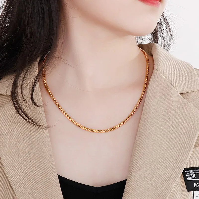 18K Gold Plated Square Pearl Necklace Stainless Steel Multi-Spec Pendant Chain