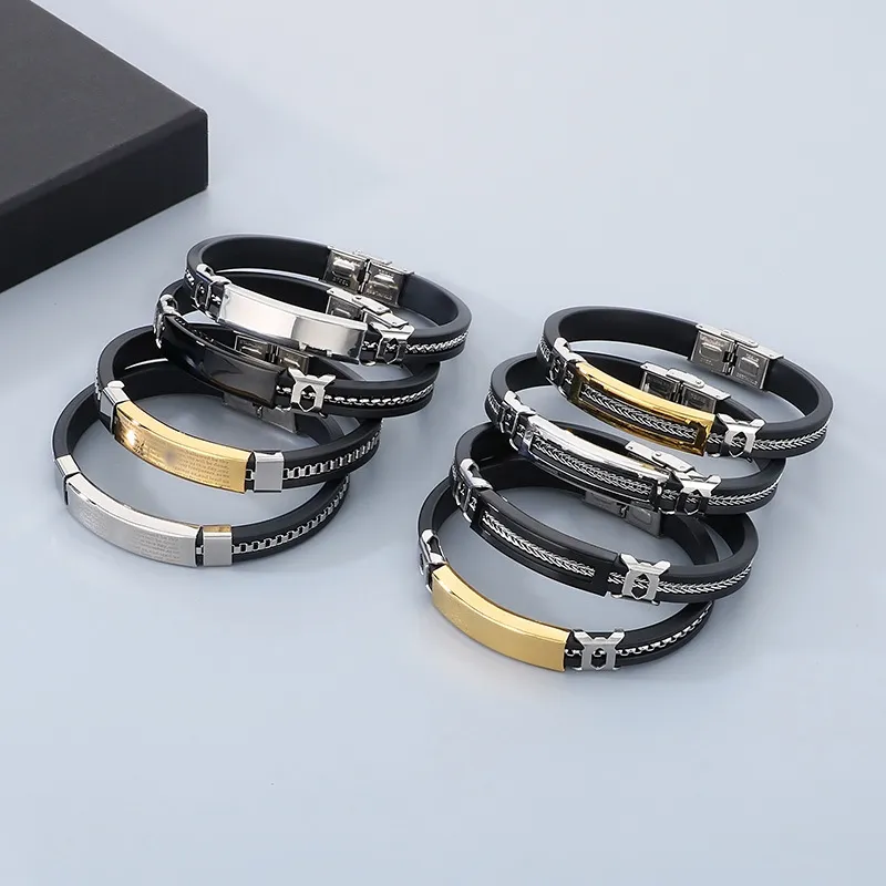 European and American Style Silicone Paired with Stainless Steel Bracelet for Fashionable Men's Jewelry