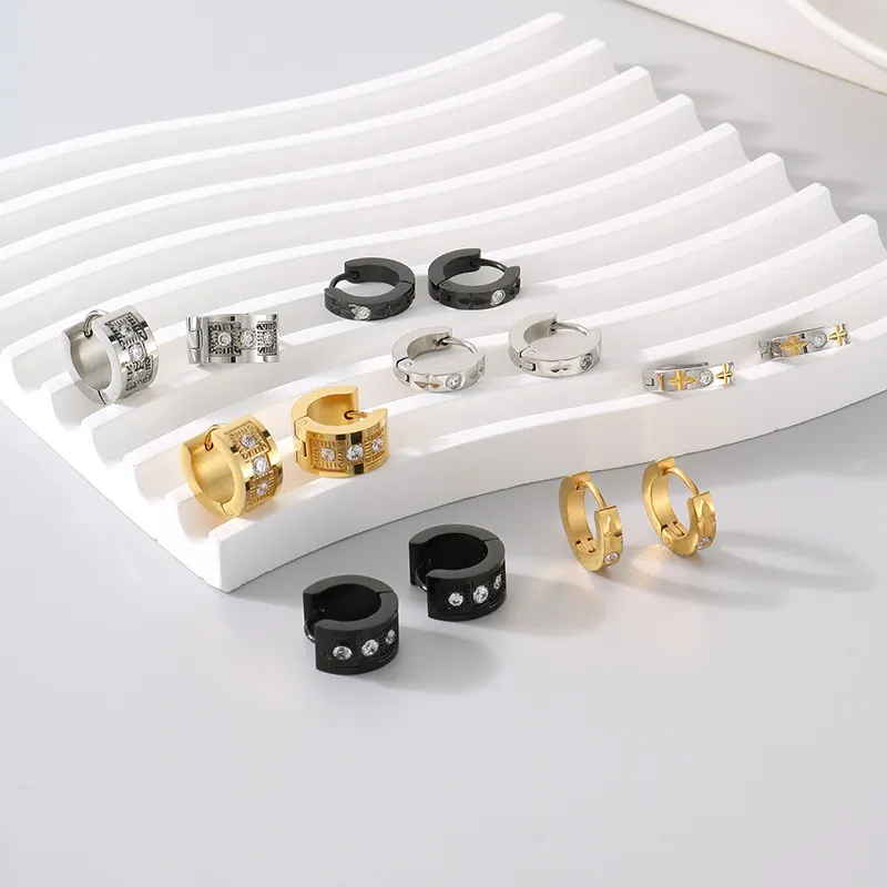 Simple and Personalized Diamond Studded C-Shaped Earrings, Hip Hop Versatile Stainless Steel Jewelry