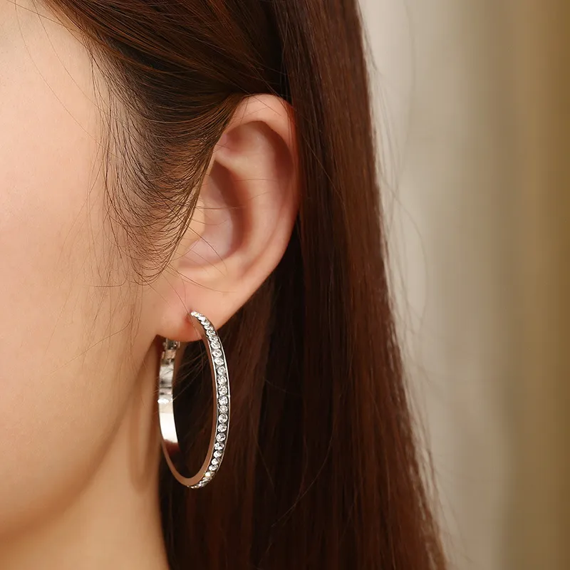Trendy Earrings Bold Exaggerated Geometric Round Hollow Rhinestone-Embedded Stainless Steel Hoop Earrings