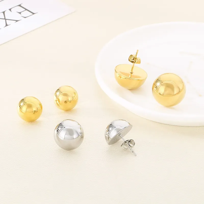 Classic and Fashionable Stainless Steel Multi Size Geometric Hollow Smooth Semi Spherical Earrings