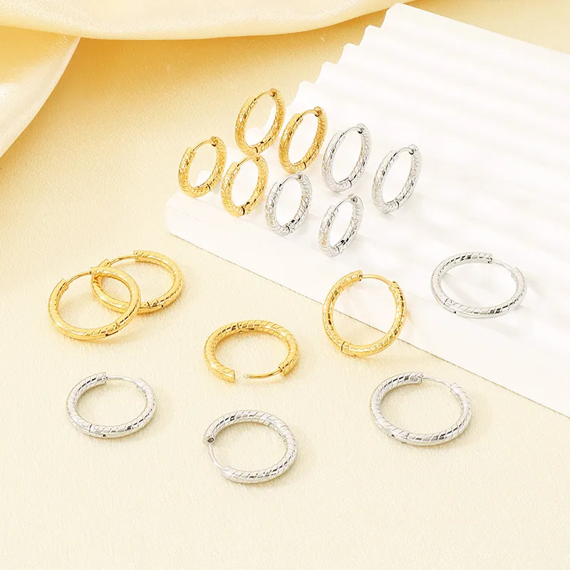 European Ins Striped Plain Round Stainless Steel Huggie Earrings Unisex Versatile Hoops Earrings