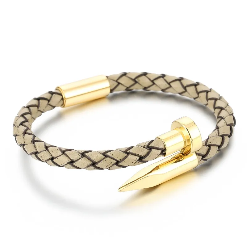 Wholesale Creative Stainless Steel Braided Leather Nail Opening Bracelet Men's Magnetic Buckle Bracelet