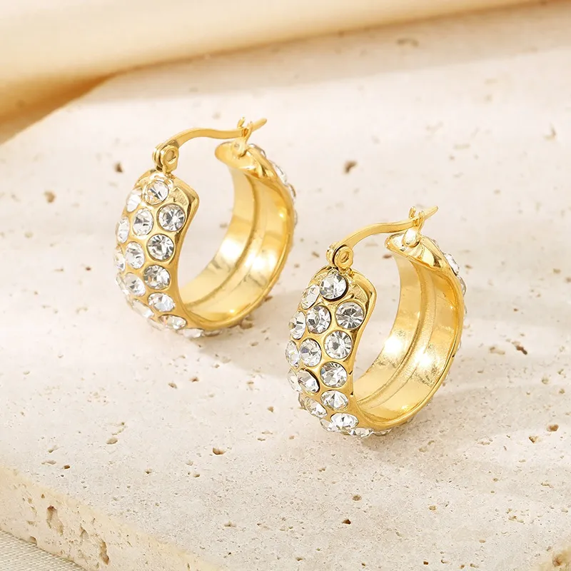 Popular Full Rhinestone Oval Stainless Steel Huggie Earrings Elegant Geometric Jewelry Wholesale