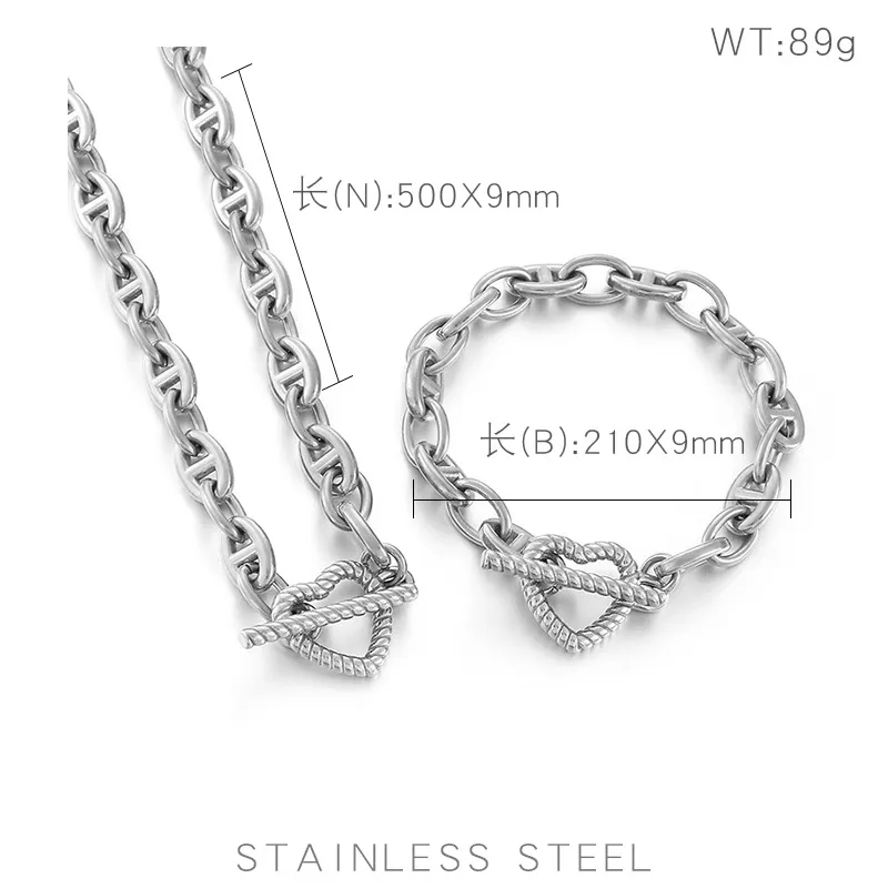 Personalized Stainless Steel Heart-Shaped Pendant Thick Chain Jewelry Sets