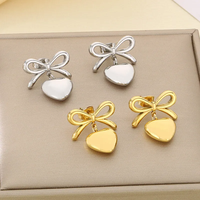 Fashion Earrings 18K Gold-Plated Stainless Steel Ribbon Bow Heart Sweet Temperament Studs Earrings