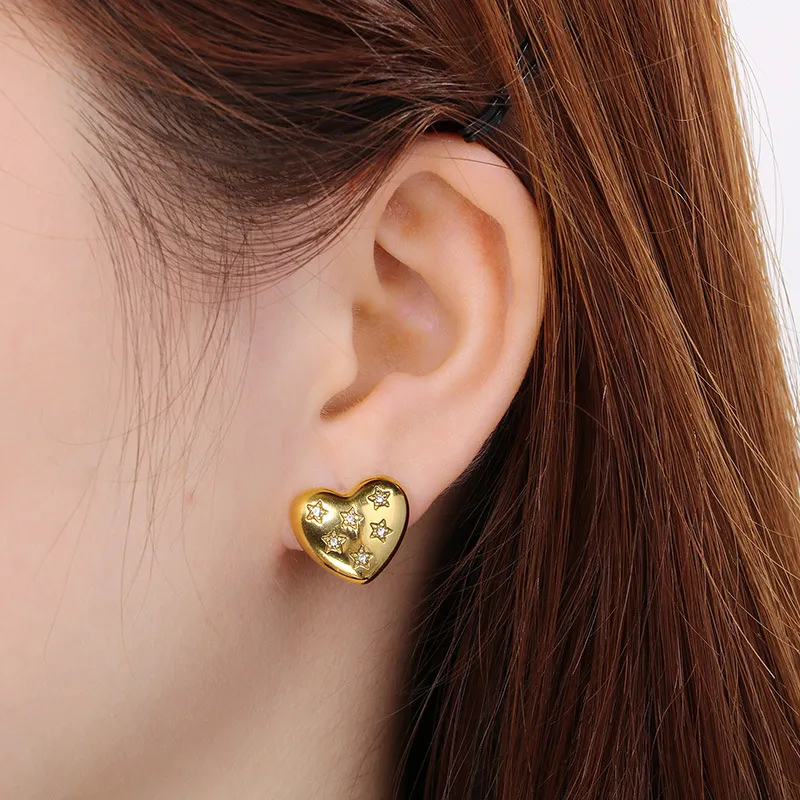 Fashion Double-Sided Heart Rhinestone-Embedded Ear Buckles 18K Gold-Plated Stainless Steel Smooth Earrings