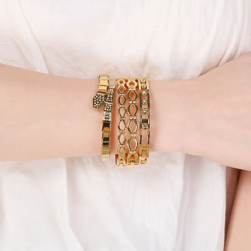 Geometric Hollow Stainless Steel Diamond-Encrusted Women's Bangles