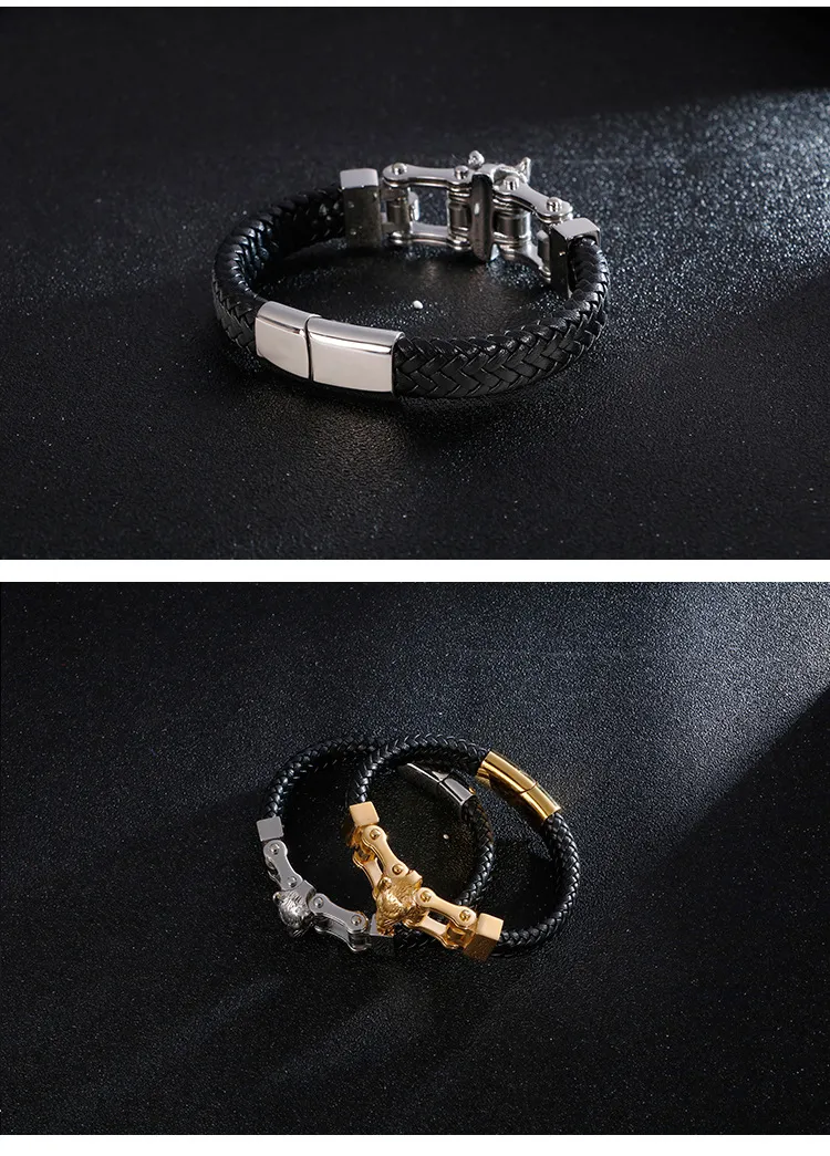 Trendy Men's Stainless Steel Creative Wolf Head Animal Series Woven Leather Bracelet