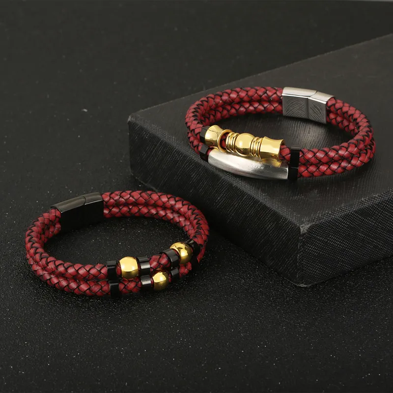 Men's Fashion Stainless Steel Metal Accessories Double-Layer Braided Leather Rope Bracelet