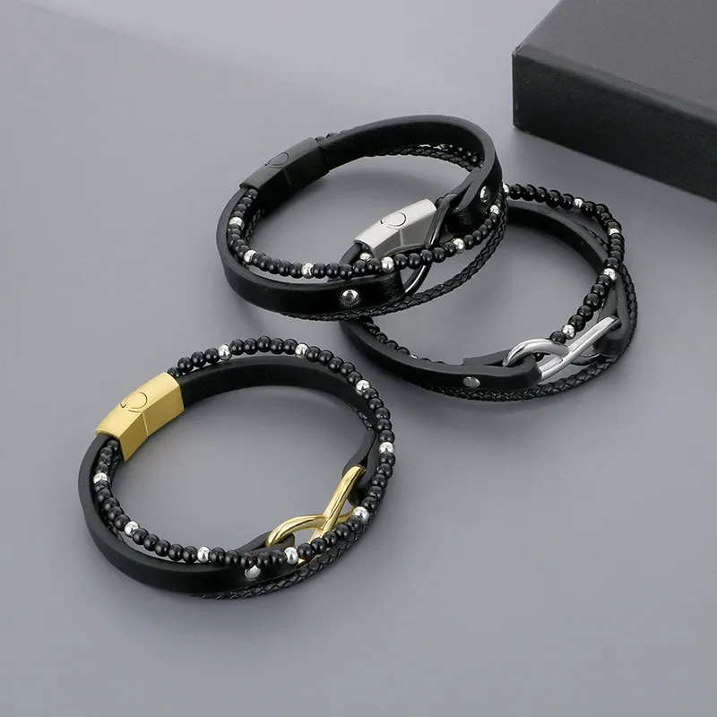 Trendy Men's Stainless Steel 8-Shaped Multi-Layer Woven Leather Bead Magnetic Buckle Bracelet