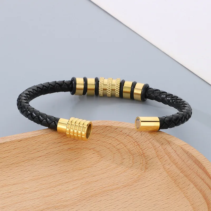 Minimalist and Trendy Stainless Steel Magnetic Buckle Bracelet Woven Leather Bracelet for Men