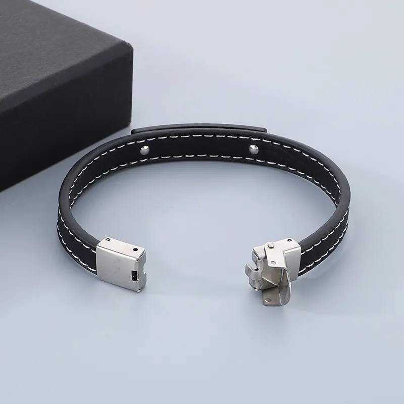 Jewelry Wholesale Men's Trendy Stainless Steel Geometric Curved Plate with Logo Engraved Leather Bracelet