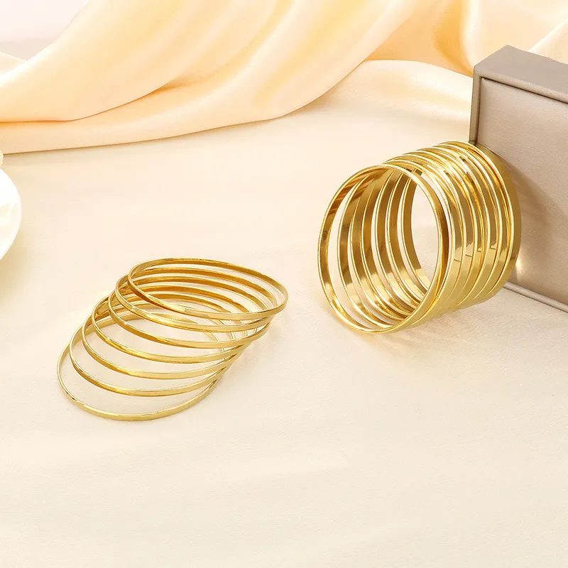 Classic Fashion Plain Circle Smooth Stainless Steel Multi Layer Stacked Polishing Bracelet Jewelry Wholesale