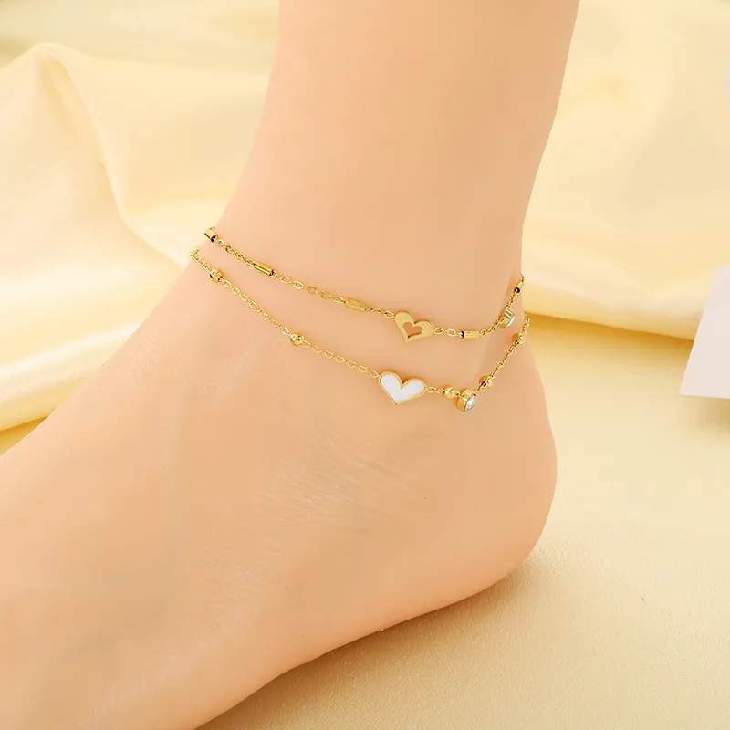Stainless Steel Paired with Shell Heart-Shaped Element Anklet Chain, Fashionable Women's Jewelry