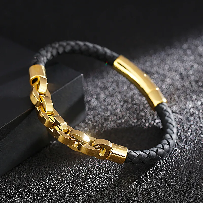 Men's Trendy Stainless Steel Braided Leather Rope Splicing Chain Domineering Leather Bracelet