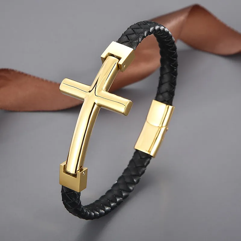 Trendy Stainless Steel Cross Woven Single Circle Cowhide Rope Leather Bracelet Wholesale Accessories