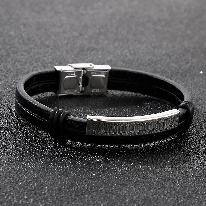 Stainless Steel Geometric Curved Plate Engraved Men's Woven Double-Layer Leather Bracelet Jewelry Wholesale