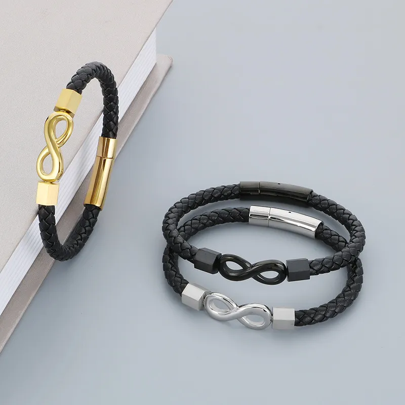 European and American Fashion Stainless Steel Creative 8-Shaped Accessory Men's Woven Leather Rope Bracelet