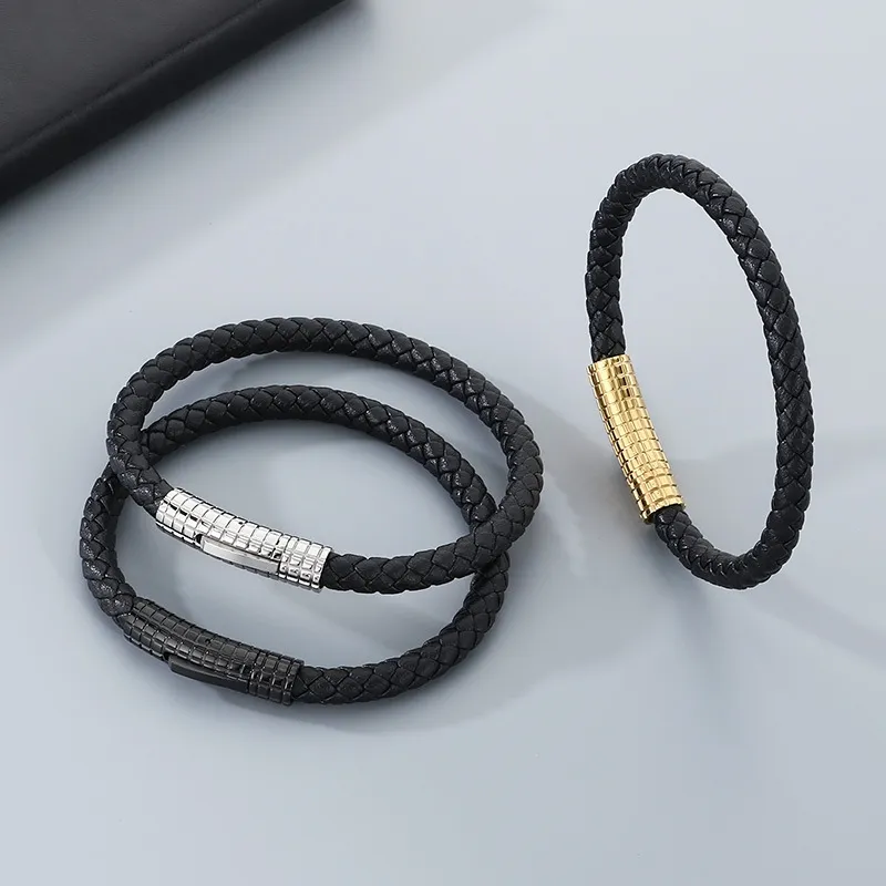 Fashionable Men's Stainless Steel Mesh Buckle Super Fiber Leather Rope Woven Bracelet Jewelry
