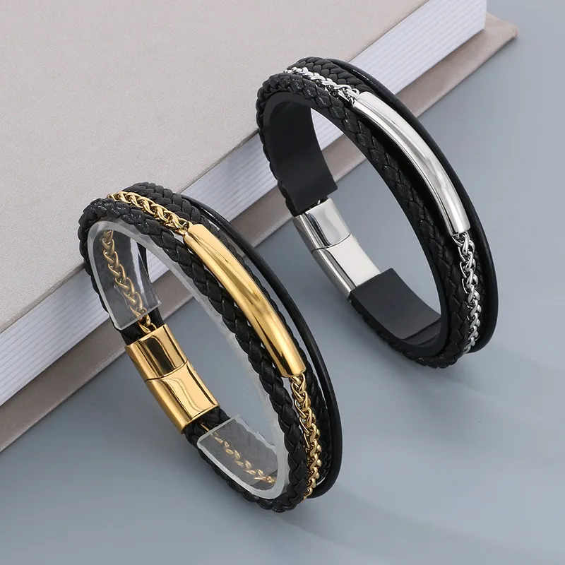 Men's Geometric Personalized Stainless Steel Magnet Buckle Multi Layer Braided Leather Bracelet Jewelry Wholesale