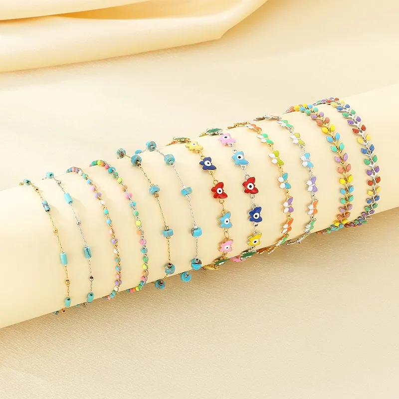 Bohemian Summer Accessories Bead Enamel Wheat Butterfly Stainless Steel Anklets for Women