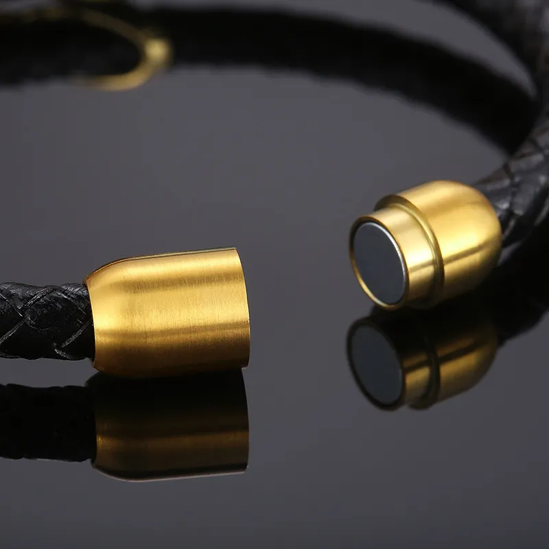 Men's Trendy Stainless Steel Magnetic Buckle Creative Diamond Inlaid 8-Shaped Retro Woven Leather Rope Bracelet