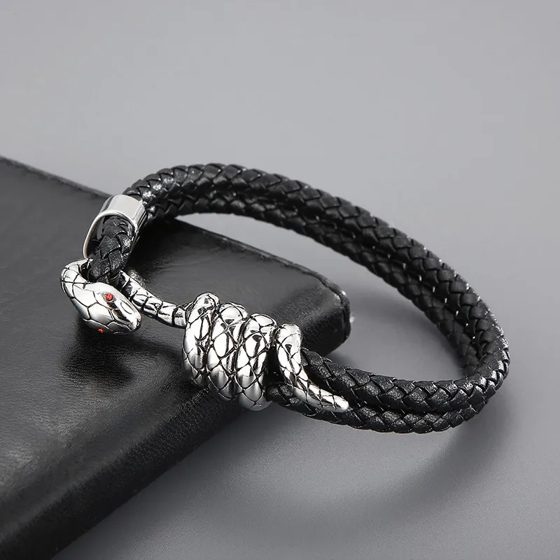 Fashionable Stainless Steel Winding Snake Animal Connection Hand Rope Woven Leather Men's Bracelet