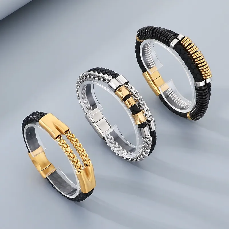 Trendy Stainless Steel Geometric Woven Multi-Layer Personalized Leather Bracelet